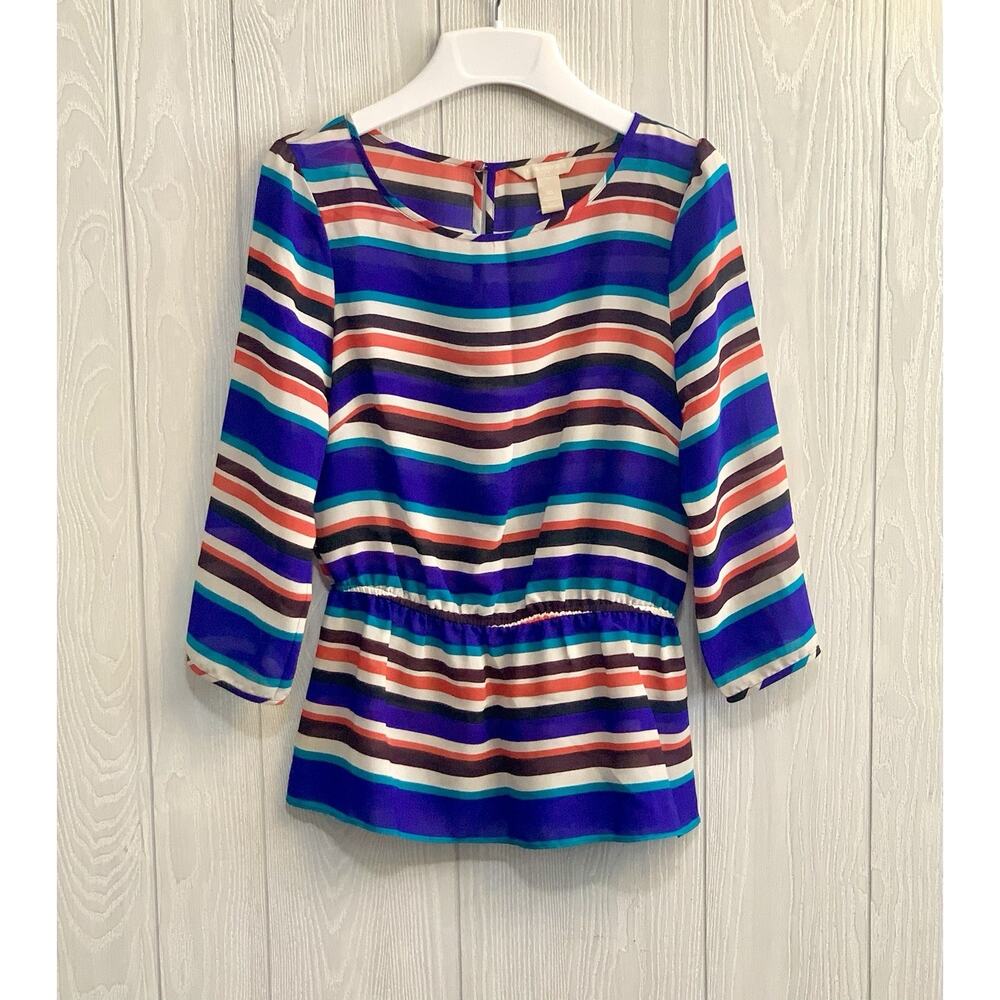 Banana Republic Multi Blue Red Stripe Sheer 3/4 Sleeve Top XS